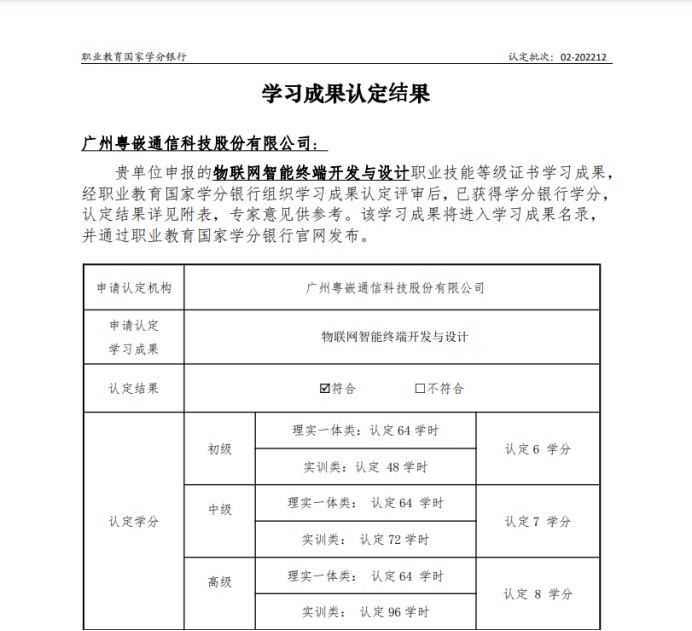 粤嵌科技《物联网智能终端开发与设计职业技能等级证书》获得学分银行学习成果认定